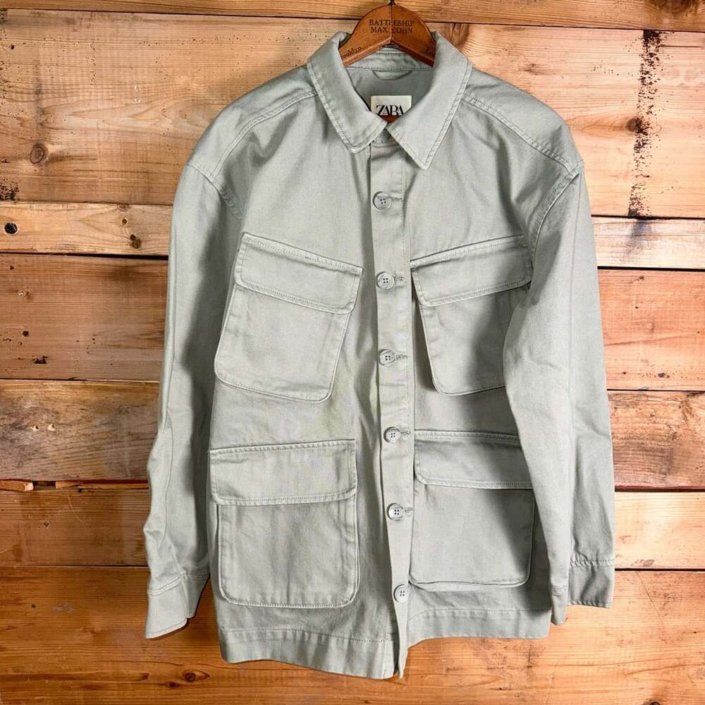 Zara Utility Jacket Size S Green Cotton Cargo Overshirt